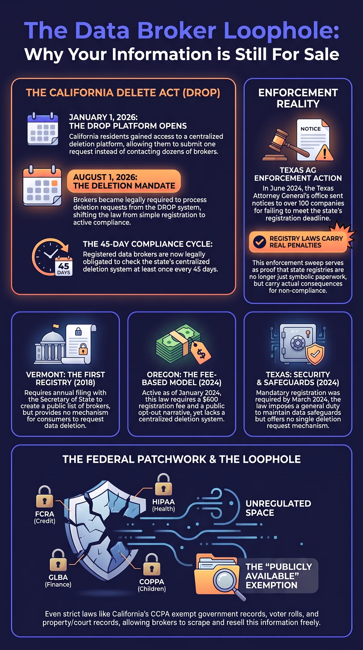 Infographic explaining the data broker legal loophole: the patchwork of narrow federal laws (FCRA, GLBA, HIPAA, COPPA) with gaps between them, the public-records exemption that lets brokers scrape government and voter data freely, three state registry laws (Vermont 2018, Oregon 2024, Texas 2024) that require registration but not deletion, California's Delete Act DROP platform opening January 1, 2026 with brokers legally required to process deletion requests starting August 1, 2026, and the June 2024 Texas enforcement action against 100+ non-compliant companies.